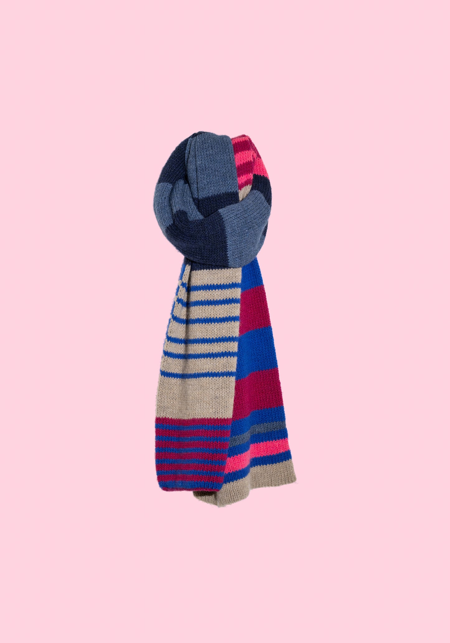 knitted scarf with lines. Main colors are beige and blue