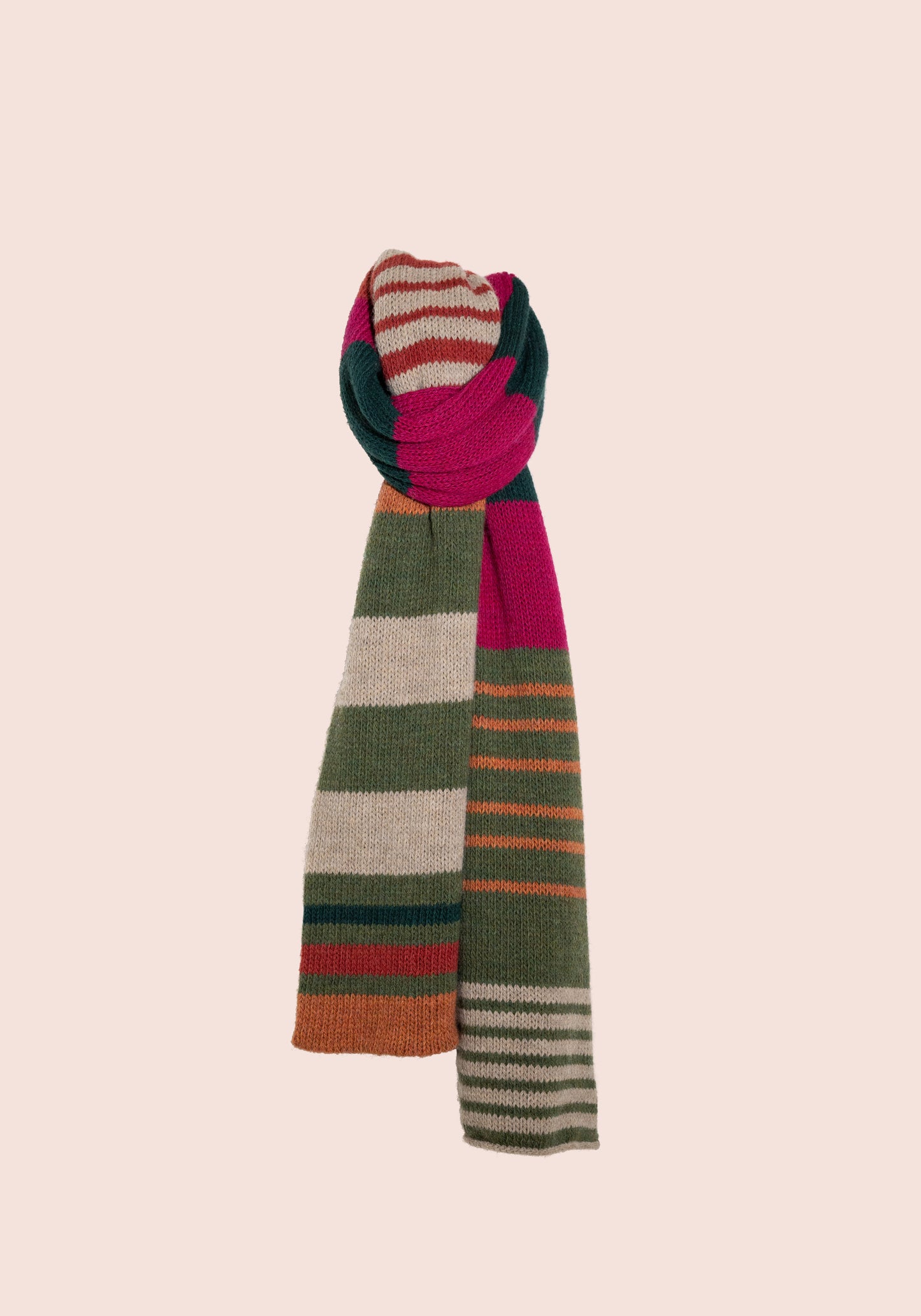 knitted scarf with lines. Main colors are beige and kaki