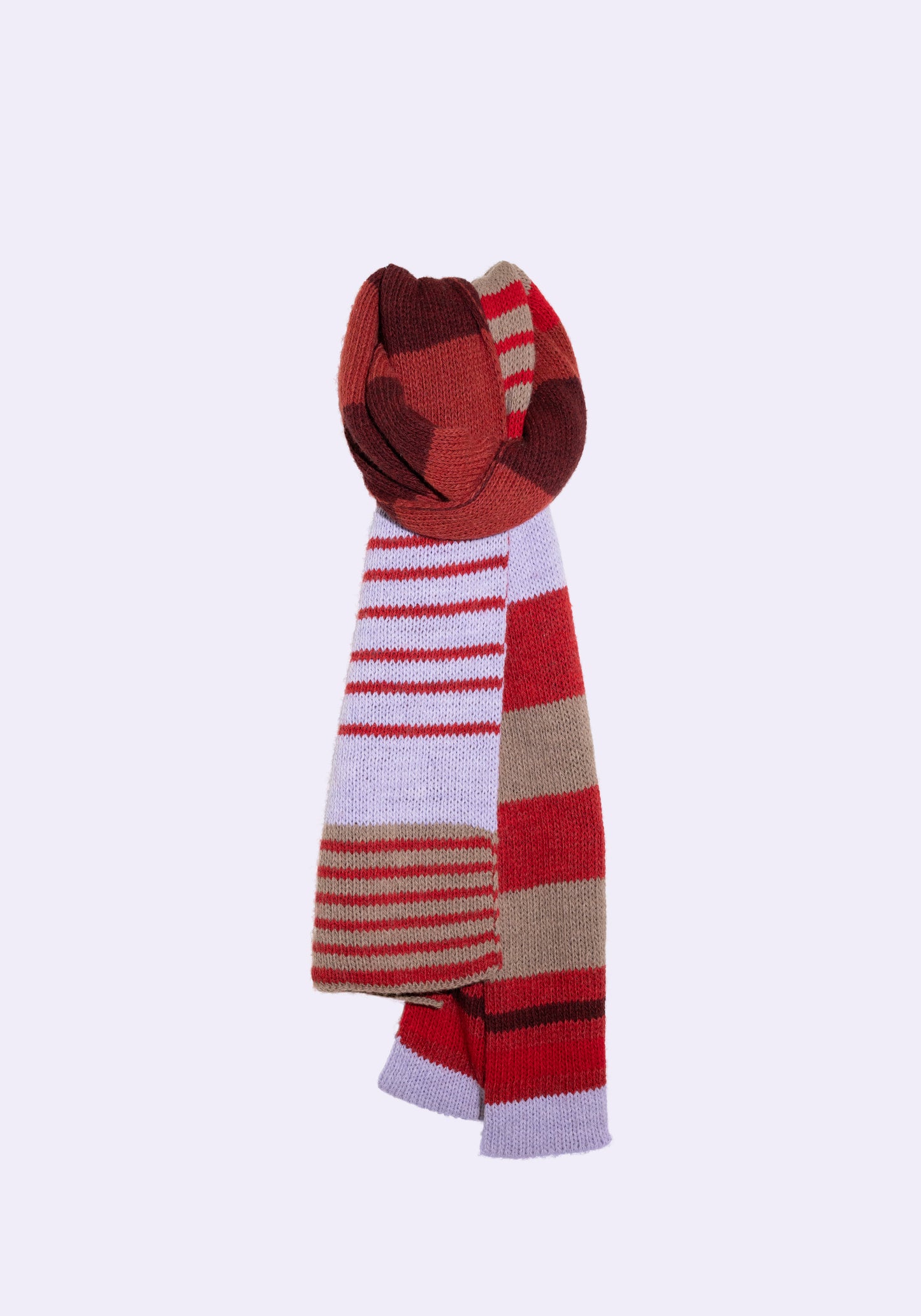 knitted scarf with lines. Main colors are lilac and red