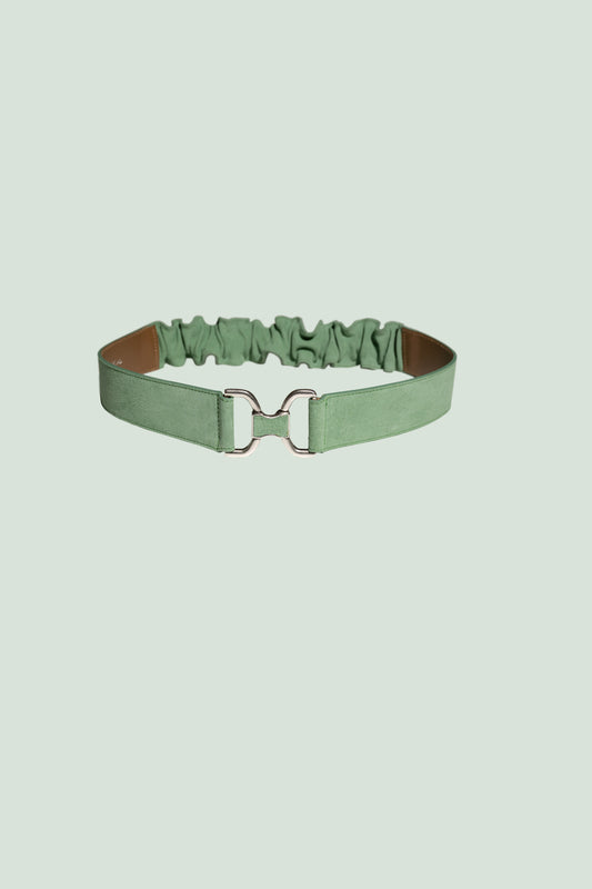 Leather buckle with elastic back and metal closure. Colour of belt is green