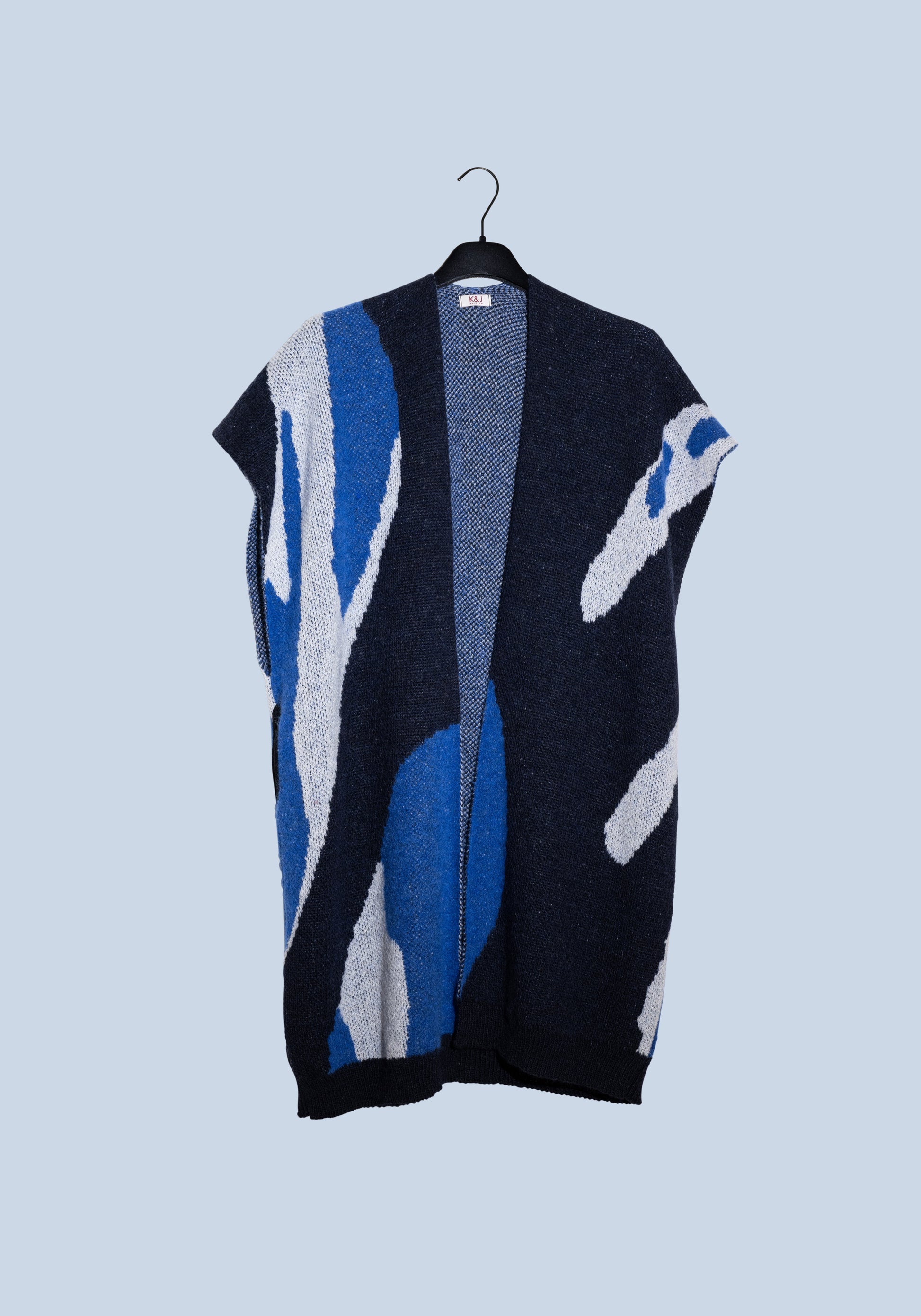 Dark blue wool vest with royal blue - white shapes