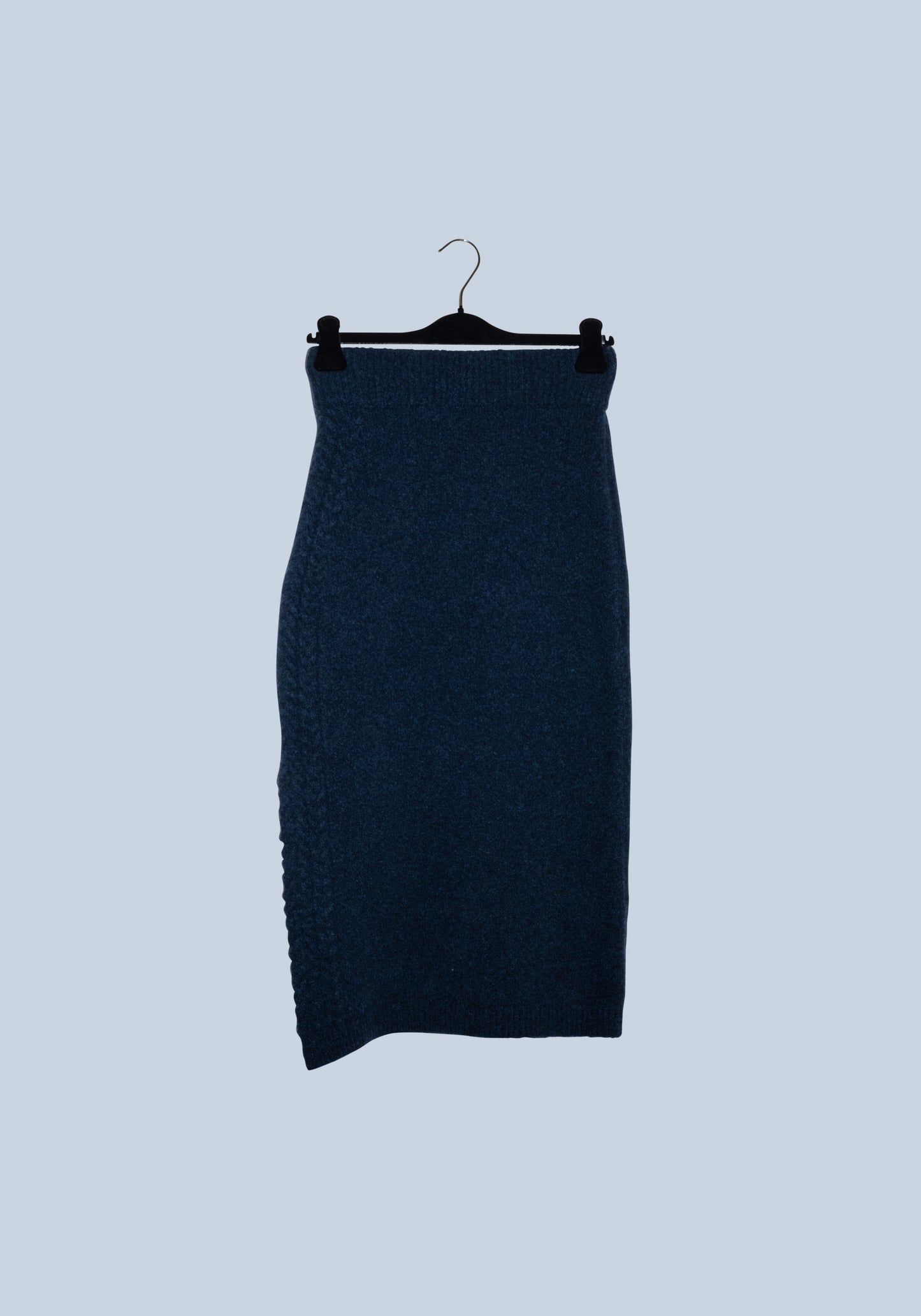 3/4 length dark blue wool skirt with split on the side