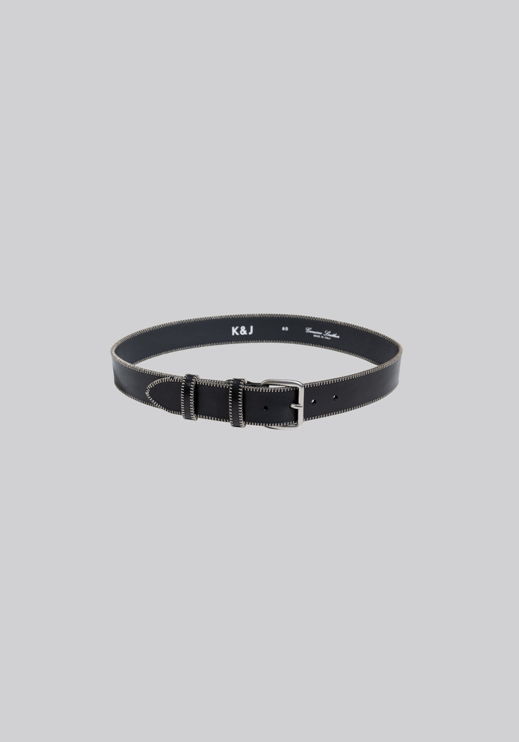 black leather belt with white stitches on the side