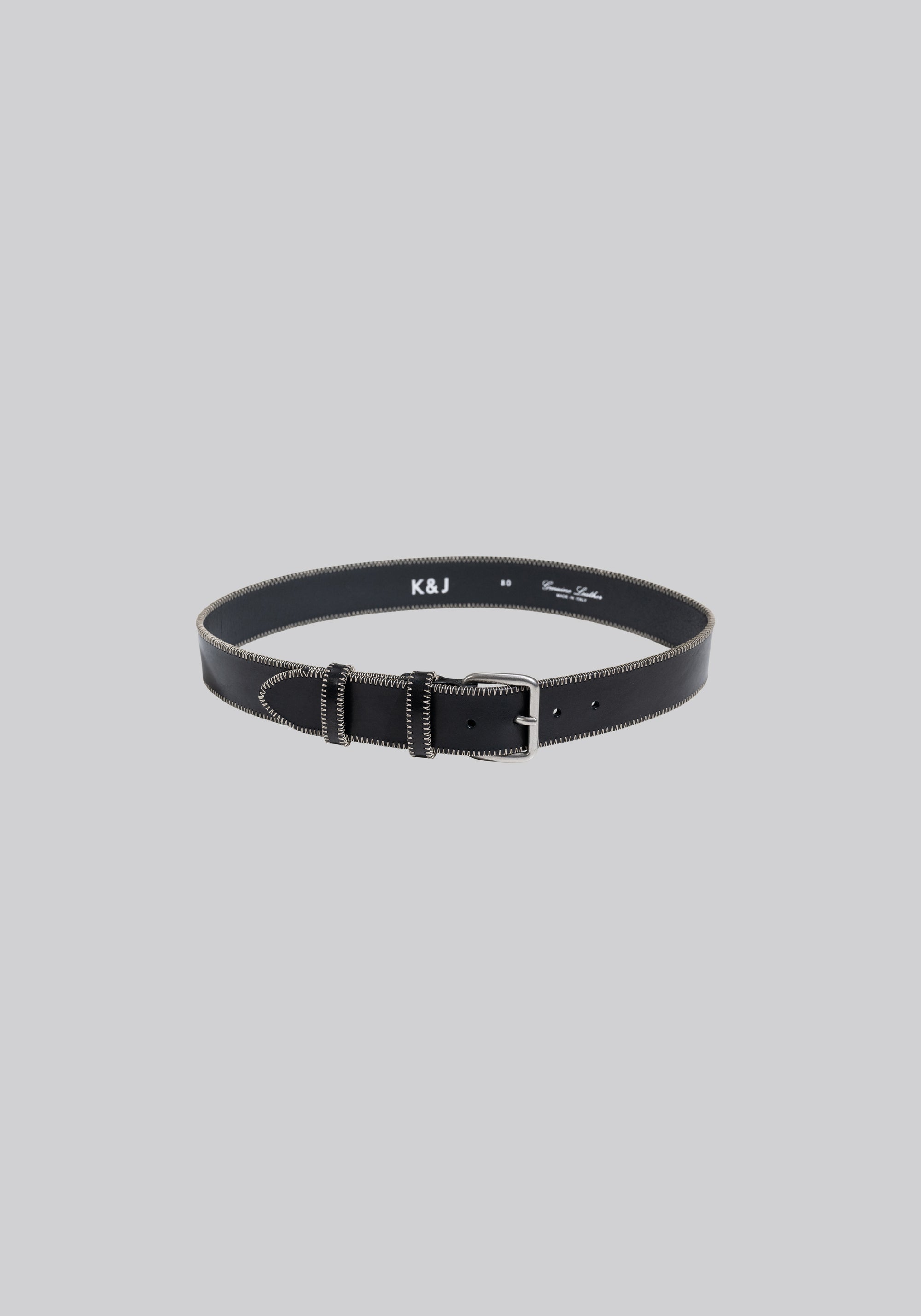 black leather belt with white stitches on the side