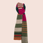 knitted scarf with lines. Main colors are beige and kaki