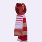 knitted scarf with lines. Main colors are lilac and red