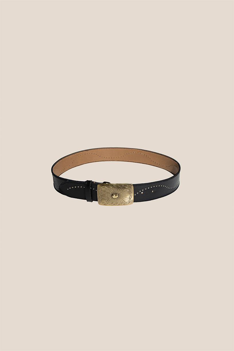 Leather belt with soft gold embellished buckle & stud garland detailing ...